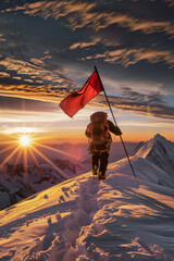 Climber reaching Everest top with flag over at sunset - obrazy, fototapety, plakaty