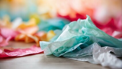 This image shows a playful and colorful collection of crinkled tissue paper in light focus