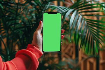 Person showing a mobile smartphone with a green screen , mocke up design .against the palm background - obrazy, fototapety, plakaty