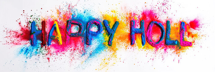 HAPPY HOLI made by colorful; splash poder. Festive banner for Indian Holi day celebration, - 761195937
