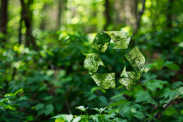 Eco-friendly recycling emblem in a green forest , eco friendly and ecology concept, copy space - 761195941