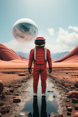 Astronaut in orange suit stands on alien terrain, giant planet in sky. - 761195951