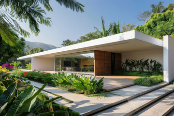 a beautiful modern minimalist house with beautiful landscape and many plants