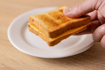 A sandwich with toast and cheese is taken from the plate.