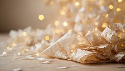 An image of layers of crumpled paper with a warm bokeh light effect in the background