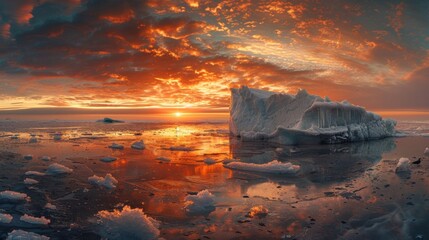 Vivid arctic sunset with scattered icebergs reflecting on calm water, Concept of climate change, natural beauty, and tranquility