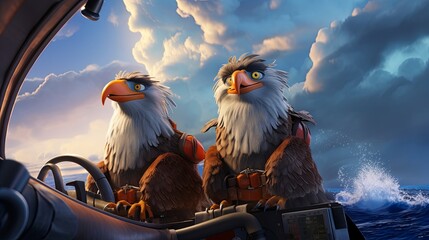 Animated Eagles Piloting a Boat in Stormy Sea - obrazy, fototapety, plakaty