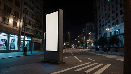 An image of a lone, empty vertical billboard standing on a nighttime urban sidewalk Generative AI - obrazy, fototapety, plakaty