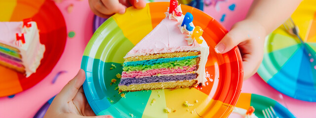 piece of rainbow cake and confetti. Selective focus.
