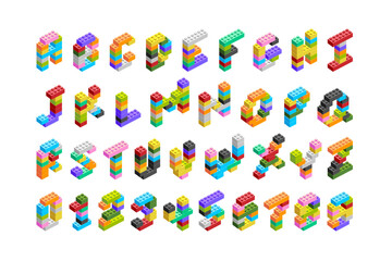 Collection of vector letters and digits made from construction blocks - 761197750