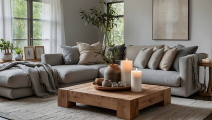 Contemporary boho chic living area with a minimalist touch, including a pale gray sofa, decorative throw pillows, a wooden centerpiece table with candles Generative AI