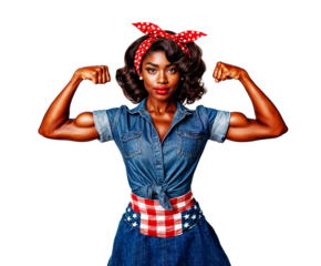 Strong proud black woman flexing muscles to fight for racial equality and gender equality on transparent background