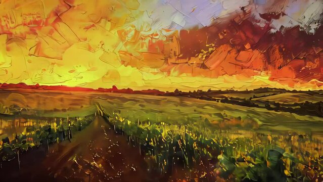 Sunset over vineyards in Tuscany, Italy. Digital painting.