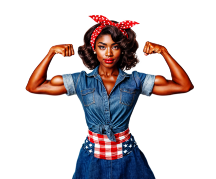 Strong proud black woman flexing muscles to fight for racial equality and gender equality on transparent background