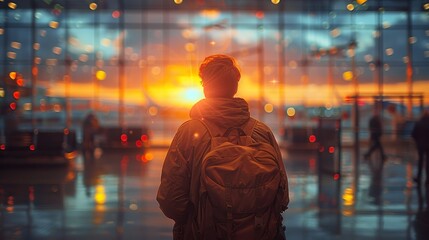 Calm male tourist is standing in airport and looking at aircraft flight through window. Sunset