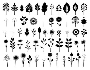 set of black silhouettes of flowers