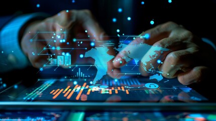 Fototapeta premium Global Economic Forecast Economist Analyzing Growth Trends with Tablet and Virtual Graphs