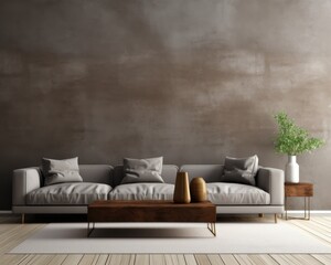 gray sofa in brown living room with copy space