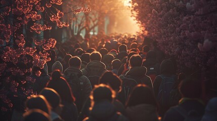 A crowd of people walk down street in spring, surrounded by blooming cherry blossoms at sunset.