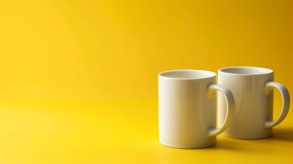 mock-up image featuring two mugs positioned on a vibrant yellow background.