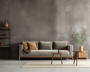 gray sofa in brown living room with copy space