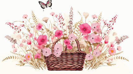 Many pink wild flowers in straw basket and flying butterfly - obrazy, fototapety, plakaty