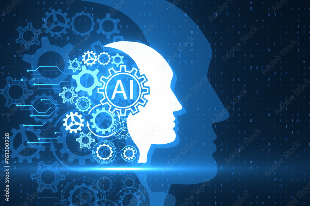 Aufkleber Creative head outline and cogs ai hologram on dark blue tech background. Artificial intelligence and machine learning concept. 3D Rendering.