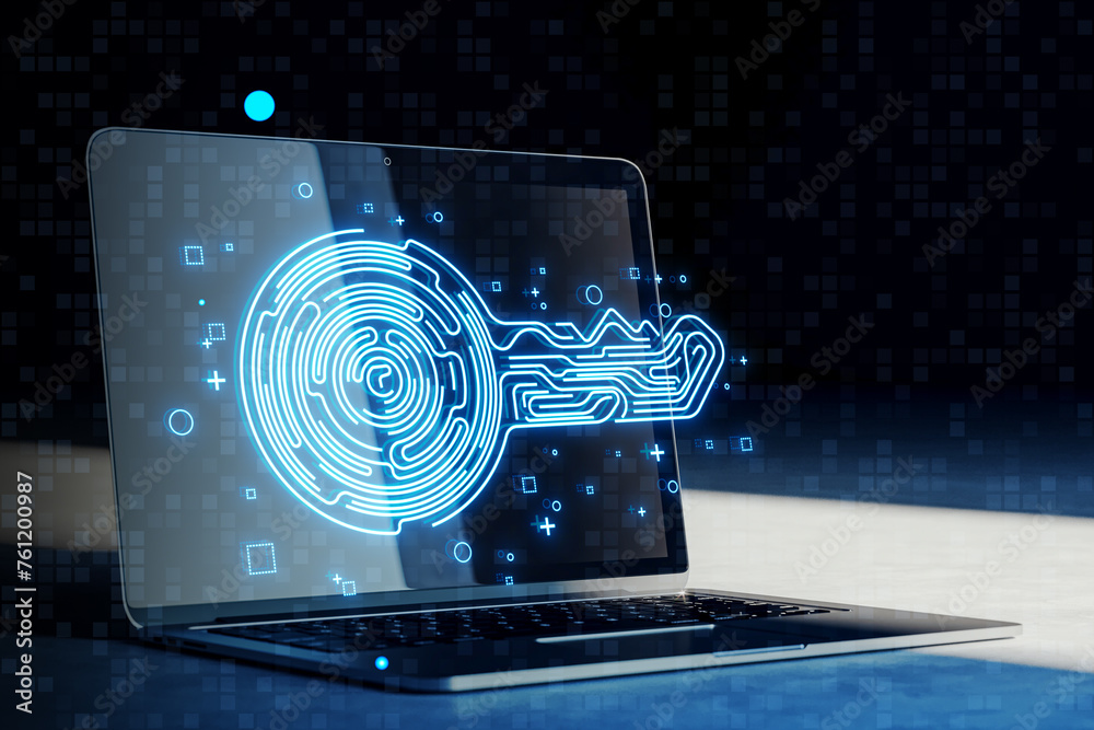 Poster Close up of laptop with creative fingerprint key on blue background. Concept of cyber security or private key in cryptocurrency technology. 3D Rendering.