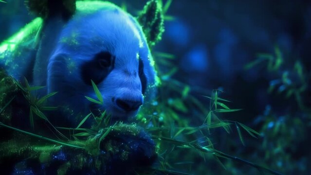 A holographic panda munches on bamboo in its natural habitat representing the success of conservation efforts and the importance of continuing to protect these iconic animals.