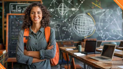 Smiling young female lecturer stands with arms crossed in the university classroom.