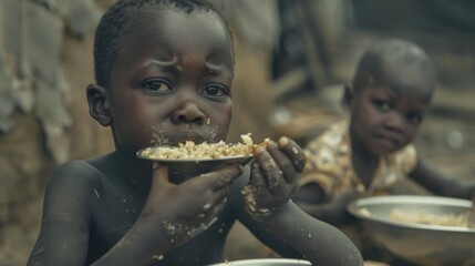 African children eat meager food with their hands