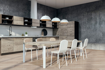 Modern stylish wooden and concrete kitchen interior. 3D Rendering.