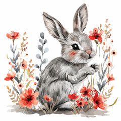 Bunny and flowers Clipart isolated on white background