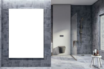 Modern light marble hotel style bathroom interior with blank mock up banner on wall. Interior designs concept. 3D Rendering.