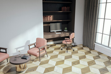 Contemporary classic home office interior with window, wooden bookcase, furniture and workplace. 3D Rendering.