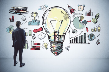 Back view of young man in suit looking at creative business sketch with huge light bulb and other icons. Idea, innovation and financial growth concept.