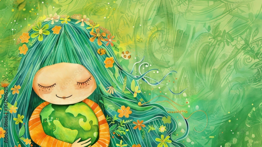 Wall mural cute girl hugging or embracing earth illustration. earth day, environment day, save world