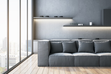 Contemporary gray couch in kitchen with panoramic window and city view. 3D Rendering.