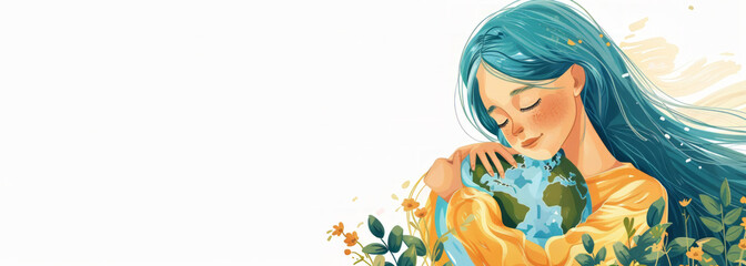 Cute Girl Hugging or Embracing Earth with Copysace, Earth Day Illustration, Environment Day, Save World