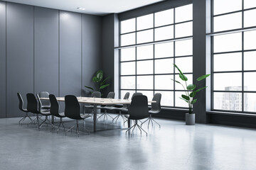 Clean meeting room interior with window and city view. 3D Rendering.