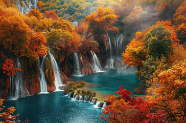 A panoramic view a national park, showing the colorful autumn foliage and waterfalls cascading into turquoise waters