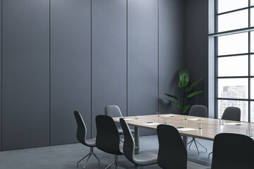 Simple meeting room interior with window and city view. 3D Rendering.