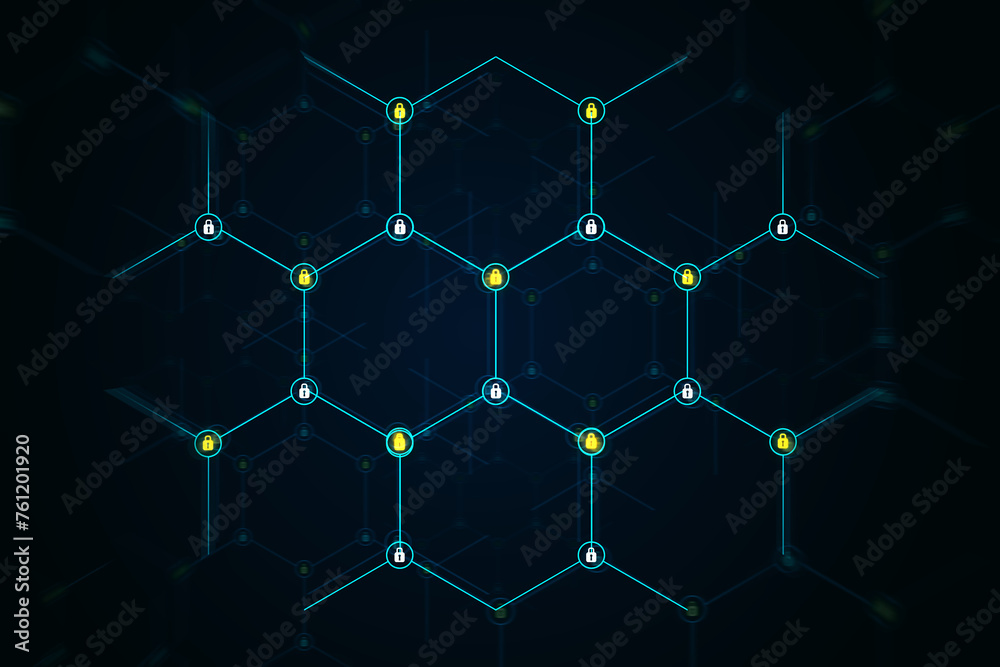Aufkleber Abstract digital network with nodes connected by lines on a dark blue background. 3D Rendering