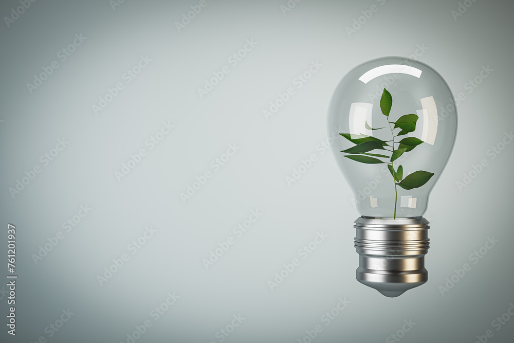 Poster Abstract glass light bulb with plant inside on light background with mock up place. Green energy concept. 3D Rendering.