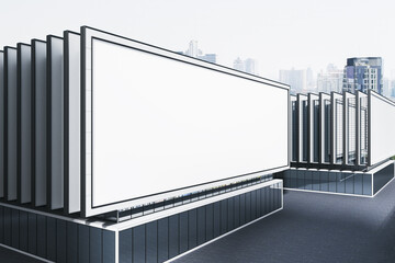 A large blank billboard on the rooftop of a modern building, with a white canvas for advertising, against a clear sky. 3D rendering