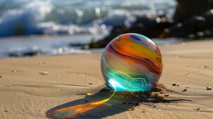 Beautiful wallpaper, a colorful glass sphere in sand on the beach, desktop wallpaper, background, website homepage banner