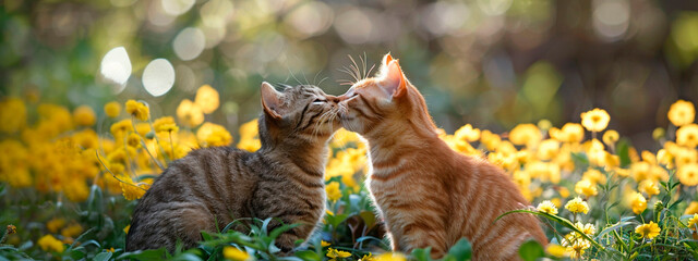 cats kiss in the garden. Selective focus.