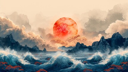 The abstract landscape has a Japanese wave pattern modern as the background. The background has Chinese ocean waves and clouds in an Oriental setting. - obrazy, fototapety, plakaty