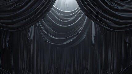 Detailed silhouette of a closed black theater curtain with folds and a circle spotlight. Modern image of a fabric waved drapery for a presentation or show backdrop.