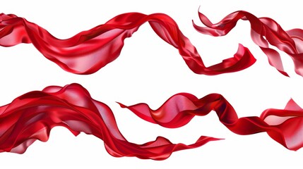 Red silk ribbon flying and curving in the air. Wind blowing and flowing pieces of textile tape. Realistic modern illustration of satin fabric curtain wave on wind. - obrazy, fototapety, plakaty